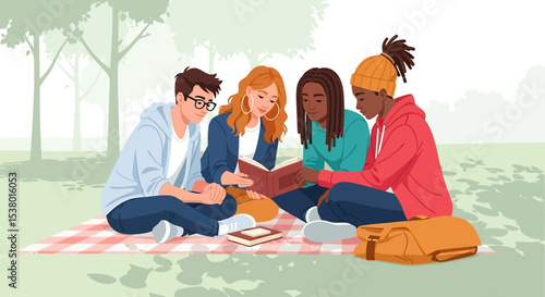A colorful vector illustration of a diverse group of young people reading books together on a picnic blanket in a park under a summer bright sky