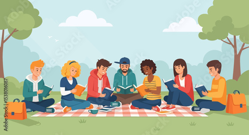 A colorful vector illustration of a diverse group of young people reading books together on a picnic blanket in a park under a summer bright sky