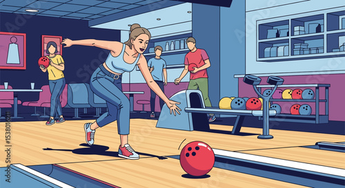 A vibrant vector illustration of a woman enjoying a game of bowling, embodying active recreation and a fun, healthy lifestyle