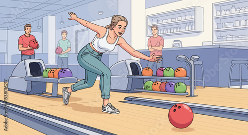 A vibrant vector illustration of a woman enjoying a game of bowling, embodying active recreation and a fun, healthy lifestyle