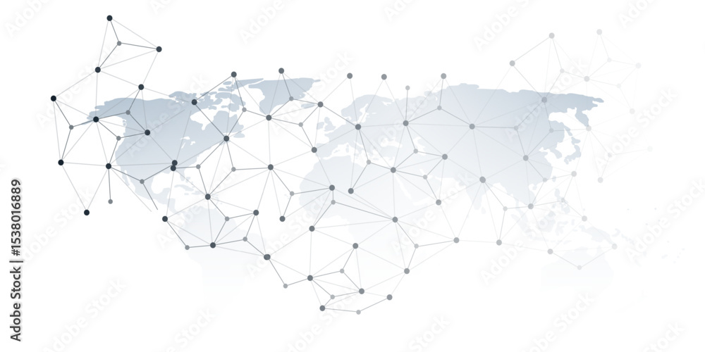 A conceptual vector graphic creative design showing a world map overlaid with a network of interconnected nodes and lines, representing global communication, data flow or digital interconnectedness. A conceptual vector graphic creative design showing a world map overlaid with a network of interconnected nodes and lines, representing global communication, data flow or digital interconnectedness.