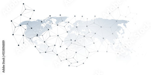 A conceptual vector graphic creative design showing a world map overlaid with a network of interconnected nodes and lines, representing global communication, data flow or digital interconnectedness.