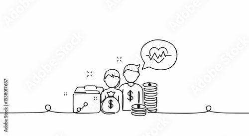 Couple standing with money bag and coins.