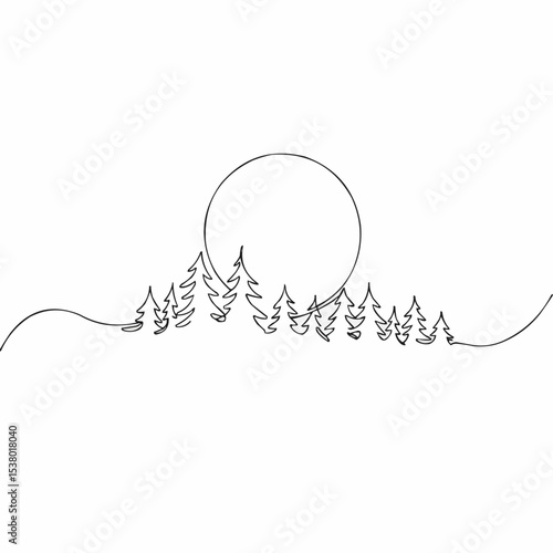 A line art of a forest at dusk with the moon in the background.