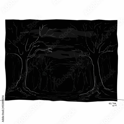 Dark silhouette of a forest landscape.