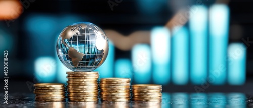 A globe balancing on coins symbolizes the global economy, finance, and investment opportunities in modern business.