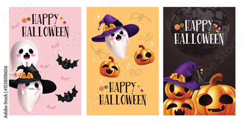 Happy Halloween greeting clipart poster set. Cute and funny ghost, pumpkin characters wearing witch hat with greeting text clip art collection in colorful spooky background for horror party flyers 