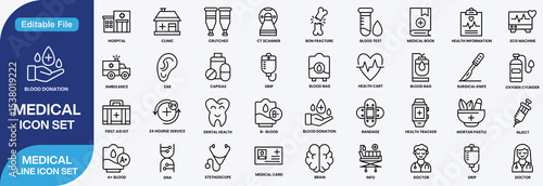 Medical Icons set. Vector illustration in modern thin line style of general medical icons: hospital, doctor, medicine and pharmacology, tests, etc