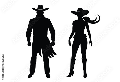 Cowboys and Cowgirls Silhouette Vector Artwork Standing Figures Western Theme Illustration