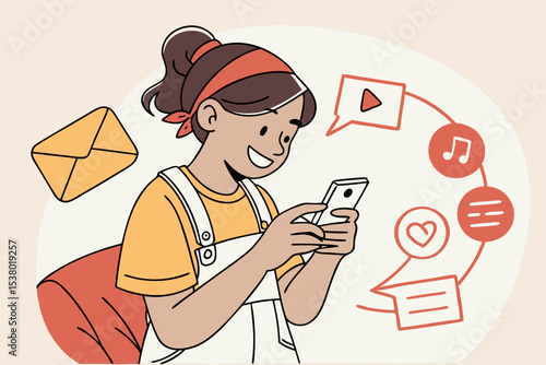 Happy hispanic teen girl holding cell phone using smartphone device at home. Smiling young woman blogger subscribing new social media, buying in internet, ordering products online in apps