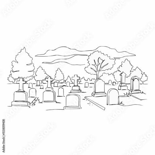 A serene sketch of a graveyard landscape featuring tombstones under a cloudy sky. 