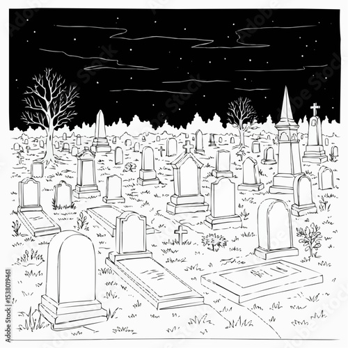 A spooky illustration of a graveyard at night.