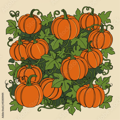 Autumn's bounty: A vibrant illustration of pumpkins amidst lush green leaves.