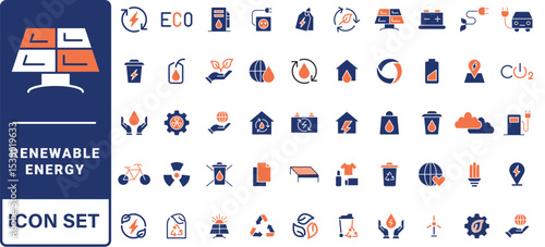 Renewable energy line icon set. Energy, efficiency, solar energy, green, sunlight, wind, and water outline icon collection.
