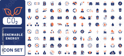 Renewable energy line icon set. Energy, efficiency, solar energy, green, sunlight, wind, and water outline icon collection.