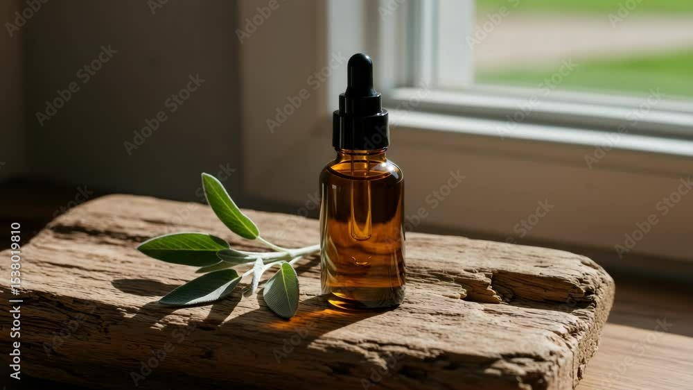 Amber glass dropper bottle on wooden surface