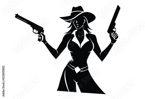 Cowgirl Holding Gun Silhouette Vector, Western Woman Shooter simple icon Illustration.