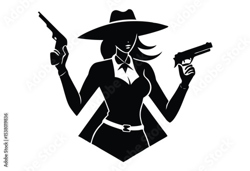 Cowgirl Holding Gun Silhouette Vector, Western Woman Shooter simple icon Illustration.