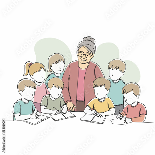 A Teacher Surrounded by Children in a Classroom.