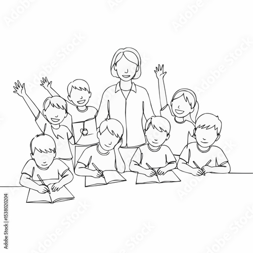 A teacher with students in a classroom.