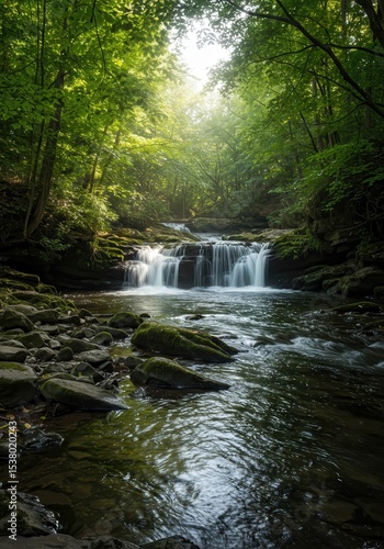  Flowing River Through Lush Green Forest with Sunlight and Rapids