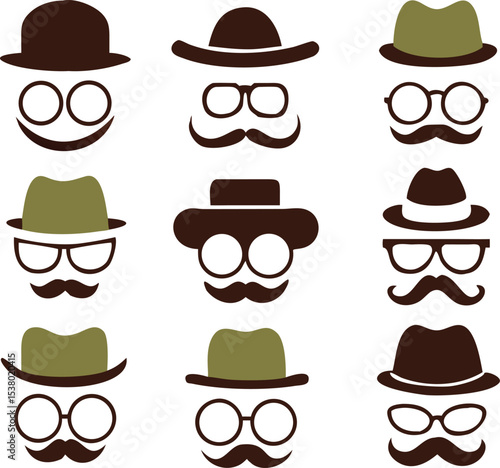 A vintage hipster fashion collection of black vector accessory icons featuring hats, mustaches, glasses, and caps