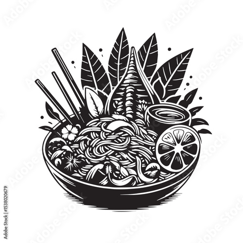Black Pad Thai Silhouette Vector, High Quality Illustration on White Background