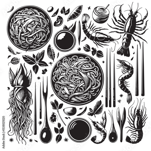 Black Pad Thai Silhouette Vector, High Quality Illustration on White Background