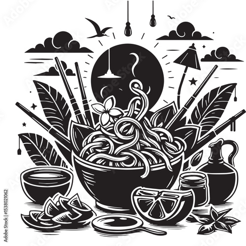 Black Pad Thai Silhouette Vector, High Quality Illustration on White Background