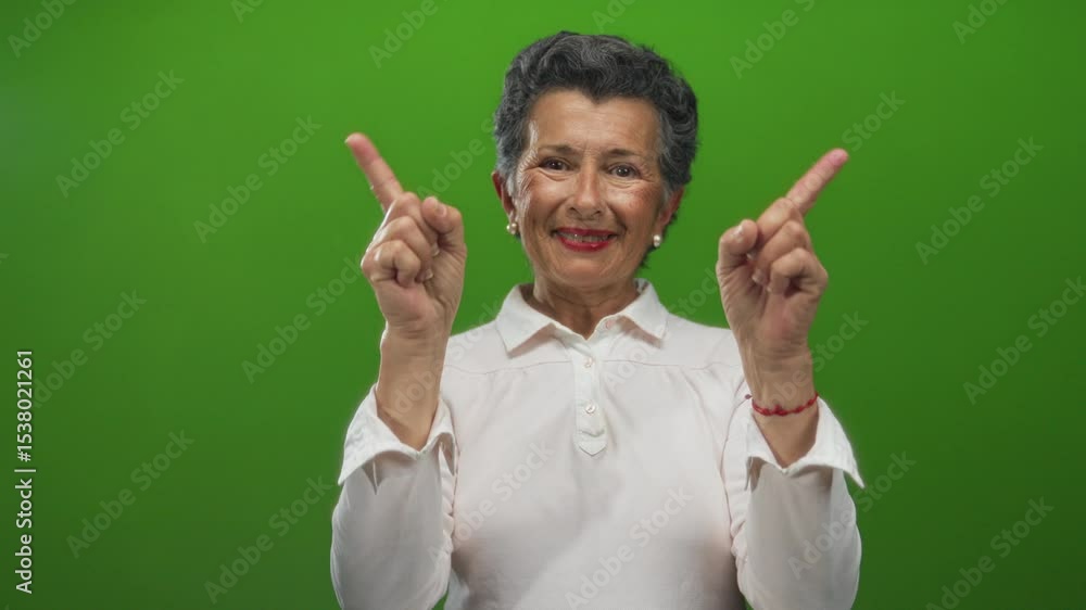 Senior woman with grey hair smiling and gesturing in front of a bright green background, conveying warmth and positivity. Senior woman with grey hair smiling and gesturing in front of a bright green background, conveying warmth and positivity.