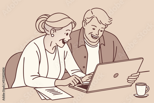 Happy mature older family couple laughing, bonding sitting at home table with laptop. Smiling middle aged senior 50s husband and wife having fun satisfied with buying insurance, paying bills online