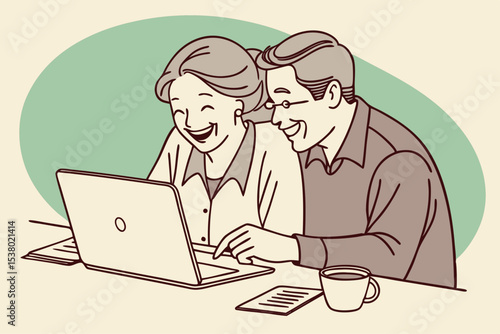 Happy mature older family couple laughing, bonding sitting at home table with laptop. Smiling middle aged senior 50s husband and wife having fun satisfied with buying insurance, paying bills online