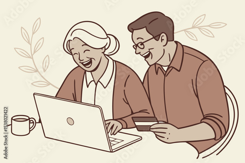 Happy mature older family couple laughing, bonding sitting at home table with laptop. Smiling middle aged senior 50s husband and wife having fun satisfied with buying insurance, paying bills online