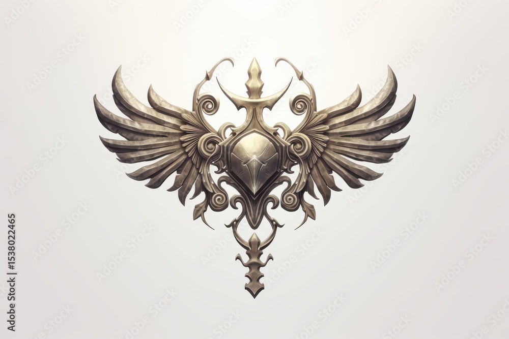 Obraz premium Metallic emblem with intricate wings and ornate design displayed on a light background