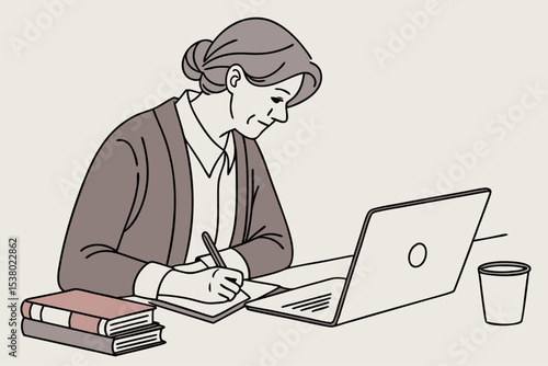 Serious mature older adult woman watching training webinar on laptop working from home or in office. 60s middle aged businesswoman taking notes while using computer technology sitting at table