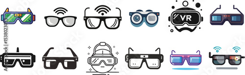 Various glasses and  headset icons set isolated on transparent background isolated on white background
