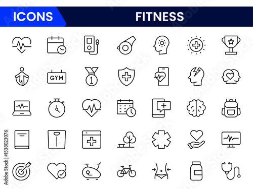Vibrant vector web line icons depicting health, fitness, exercise, nutrition, wellness, and active lifestyles for optimal well-being.