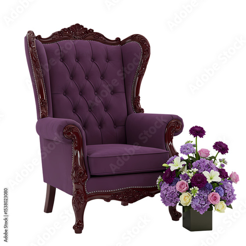 Purple Velvet Wingback Chair with Floral Arrangement isolated on transparent bacckground