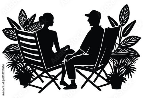 Silhouette of couple relaxing in garden chair vector illustration for romantic outdoor scene