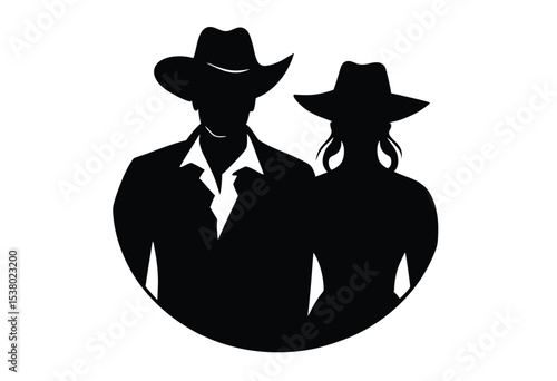 Cowboy Couple Silhouette Vector Illustration Simple Icon in Flat Design Western Romance Style