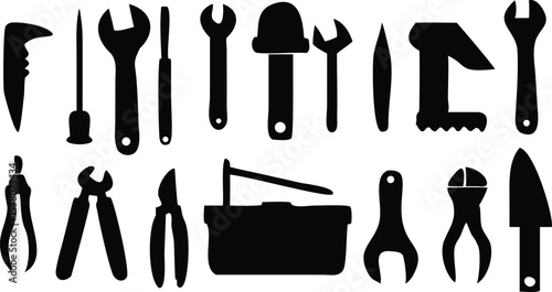 a toolkit, a set of tools, hand tools, construction tools, workshop tools, mechanical tools, hardware, metal tools, industrial equipment, work supplies, utility items, hand-held tools, objects used fo