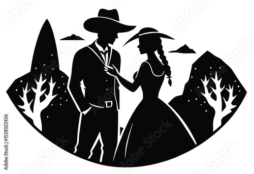 Romantic Cowboy Silhouette Vector Western Couple Icon Wild West Love Flat Design Illustration.