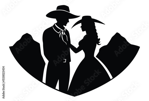Cowboy Romance Silhouette Vector Illustration Icon Western Love Couple Flat Design