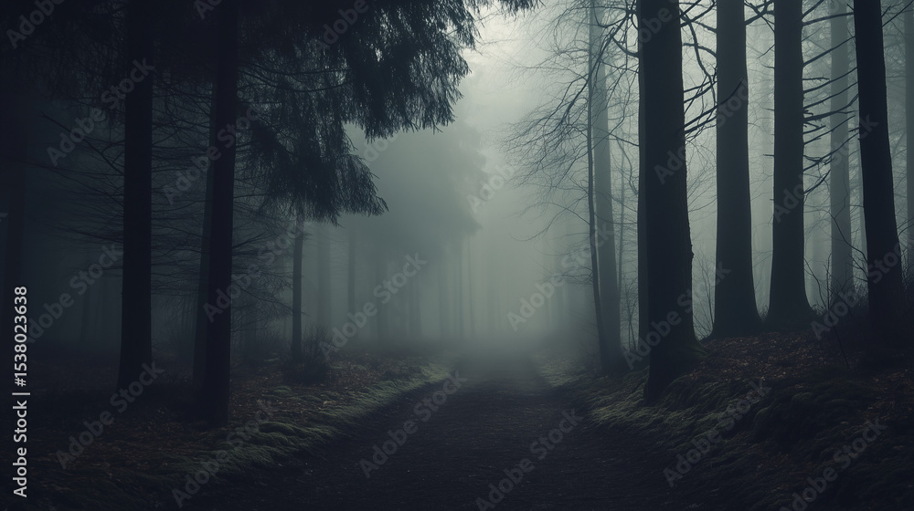 Fototapeta premium A dark forest path shrouded in mist, where mystery lingers in the soft light.