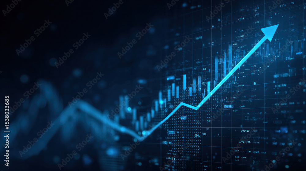 Naklejka premium Modern finance interface showing stock market chart with growth arrow, global economy data visualization, blue hi-tech vector layout