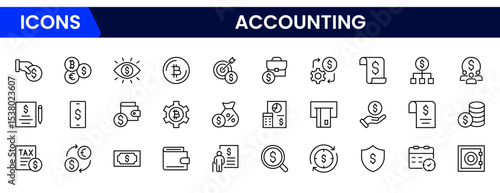Precise vector web line icons depicting accounting, bookkeeping, financial reports, calculators, and budget management for accurate fiscal operations.