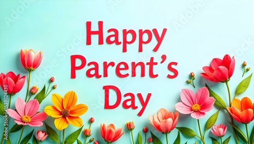 Festive Happy Parents Day Message with Colorful Flowers and Light Blue Background