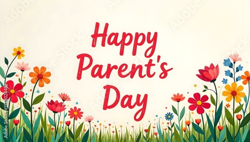 Happy Parents Day Celebration with Colorful Flowers and Greenery on a Cream Background