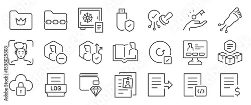 Data ownership icon set. It included data, personal, privacy, file, identity, terms, and more icons. Editable Vector Stroke.