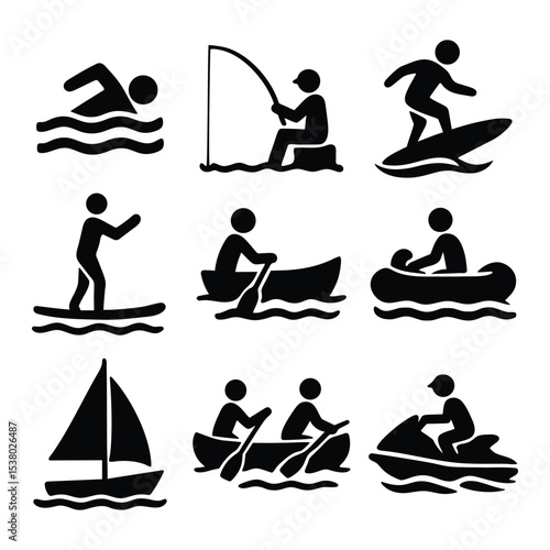 Water Sports and Activities Icon Set  Silhouette Collection